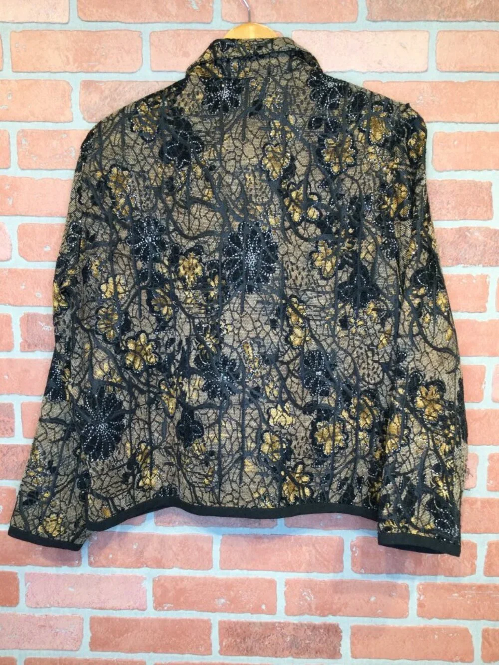 Womens Floral Lace Jacket Black Gold Size L Whimsigoth Dark Coquette Art to Wear